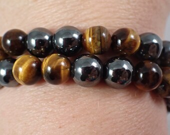 One Natural Golden Tiger Eye Jasper Hematite Crystal Bracelet - 8mm Smooth Round Beads - Brown Gold Yellow Silver Bead Bracelet #BRCLT#1092