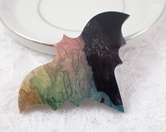 Black Rainbow Fossilized Palm Root Crystal Bat Carving - Smooth Flat Back - Dyed Palm Root Bat - 2.25 Inch Crystal Animal Bat #ANMLS#1235