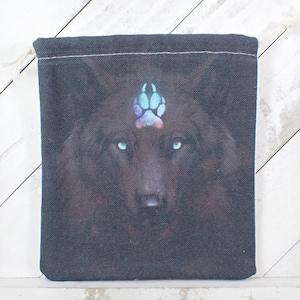 Awesome Black Wolf Fabric Pouch - Bag for Crystals - Black Blue Purple White Print - Drawstring Wolf Paw Tarot Bag - 6x5.25 Inch #POUCH#1052