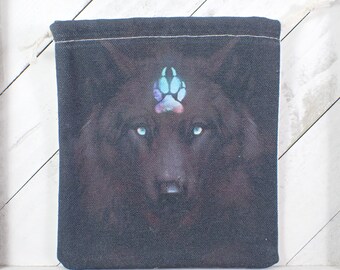 Awesome Black Wolf Fabric Pouch - Bag for Crystals - Black Blue Purple White Print - Drawstring Wolf Paw Tarot Bag - 6x5.25 Inch #POUCH#1052