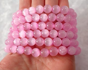 One Light Pink Selenite Crystal Beaded Bracelet - 8mm Smooth Shiny Round Beads - Pink Selenite Charging Crystal Beaded Bracelet #BRCLT#1190