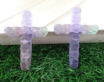 Purple Green Fluorite Crystal Skull Cross - Crystal Carving Skulls on Cross - 2.75 Inch Cross Carving - Crystal Skull Cross #RELGS#1019