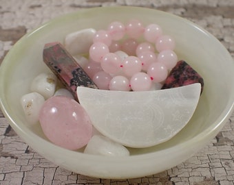 Cancer Crystal Bowl Set - All Pieces Included - Onyx Crystal Bowl - White Moonstone Chips - Rose Quartz Bracelet - Selenite Rhodonite Point