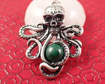 Silver Octopus Skull Malachite Crystal Pendant - 2 Inch Pendant 10mm Round Cab - Green Malachite Silver Pendant - Octopus Skull #PNDNT#1095