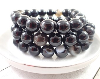 One Black Agate Crystal Bead Bracelet - 10mm Smooth Round Beads - Shiny Black White Banding - Natural Black Agate Bracelet - #BRCLT#1050