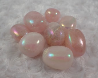 2 Pcs Aura Rose Quartz Tumbled Crystal Stones - Pink Rounded Smooth - Aura Rose Quartz Opaque Crystal Stones - Rainbow AB Finish #TUMBL#1055