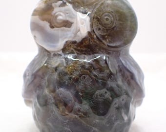 Natural Moss Agate Crystal Owl Carving - Standing Crystal Owl White Green - 3.75 Inch Owl Carving - Gray Green White Moss Agate #ANMLS#1277