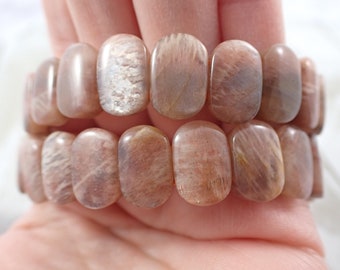 Super Flashy Moonstone Crystal Beaded Bangle Bracelet - 13x9mm Beads Smooth Oval Crystal Beads - Peach Brown Flashy Moonstone #JEWEL#1199