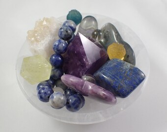 Third Eye Chakra Crystal Bowl - Selenite Sodalite Fluorite - Citrine Lepidolite Clear Quartz - Labradorite Amethyst Rainbow Flash THIRDEYE-1