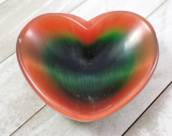 1 Piece Cats Eye Heart Shaped Crystal Bowl - Thick Heavy Striped - Green Blue Orange Heart - 3.5 Inches Deep Smooth Heart Bowl #BOWLS#1019