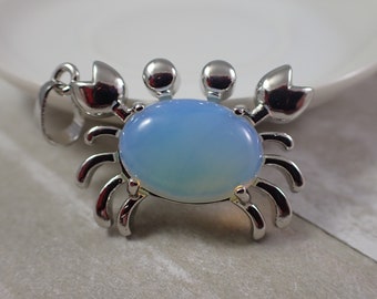 1 Piece Opalite Crab Crystal Pendant - Silver Metal Corner Hanging Pendant - 30x23x7mm Opalite Oval Cabochon - Silver White Crab PNDNT#1024#