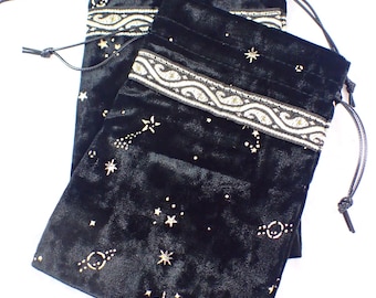 1 Piece Black Gold Velour Fabric Crystal Pouch - Some Stretch Gold Bag - Gold Moons Constellations - Tarot Card Bag 7.25x5 Inch #POUCH#1057
