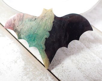 Black Rainbow Fossilized Palm Root Crystal Bat Carving - Smooth Flat Back - Dyed Palm Root Bat - 2.25 Inch Crystal Animal Bat #ANMLS#1207