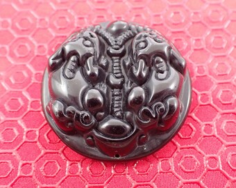 Black Obsidian Carving Crystal Pendant - Thick Chunky Heavy Pendant - Asian Black Obsidian Pendant - 2 Inch Animals Crystal #PNDNT#1063