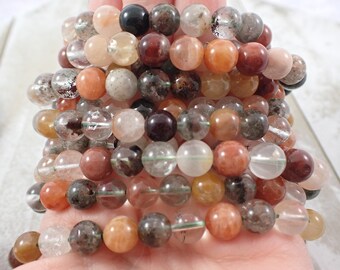 Pretty Garden Quartz Crystal Beaded Bracelet - 8mm Smooth Round Beads - Orange Green Clear Bead Bracelet - Garden Quartz Crystal #BRCLT#1151