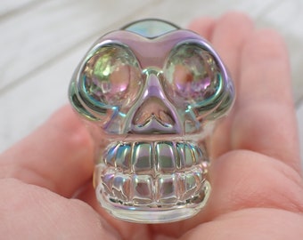 1 Piece Clear Glass Skull Figurine - Translucent Green Purple Tint - Human Skull Replica - Smooth Finish Glass - 2 Inch Skull #GLASS#1014