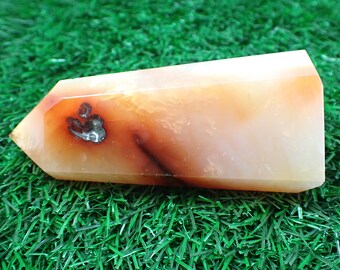 1 Piece Natural Carnelian Agate Crystal Tower - Large Smooth Polished Faceted - Orange Brown White Tower - 3.75x1.75x1.25 Inches #TOWER#1206