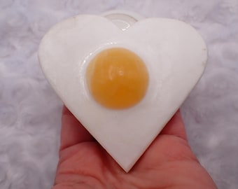 Large White Jade Crystal Fried Egg Heart - Thick Crystal Egg Love - White Yellow Jade 3.5 Inch Fried Egg - Yellow White Carving #CRVNG#2270