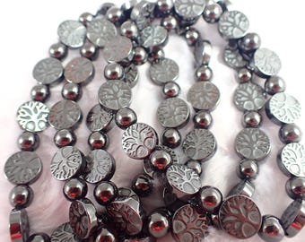 One Silver Hematite Crystal Bead Bracelet - Natural Shiny Hematite Silver Beaded Crystal Bracelet - Tree of Life coin beads. #BRCLT#1221