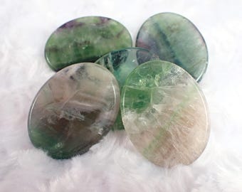 Natural Rainbow Fluorite Crystal Worry Stone - Small Smooth Polished Oval - 1.75 Inch Purple Green White - Fluorite Worry Stone #WORRY#1014