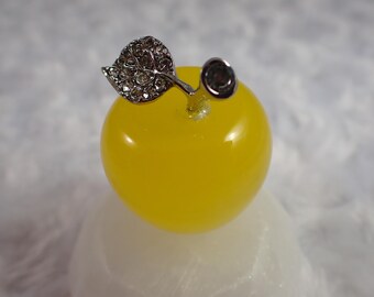Cute Bright Yellow Cats Eye Crystal Apple - Small Yellow Apple Silver Leaf - 1.25 Inch Yellow Cats Eye Crystal - Silver  Apple #CRVNG#2261