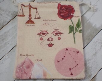 1 Piece Libra Moon Linen Fabric Crystal Pouch - White Pink Brown Green - Libra Zodiac Tarot Card Bag - 6.5x5.25 Inches Libra#POUCH#1037