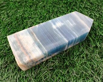 Large Square Blue Onyx Crystal Tower -  Statement Piece Blue White Tower - Polished Crystal Tower - 5 Inch Large Square Blue Onyx TOWER#1272