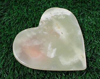 1 Piece Green Onyx Heart Shaped Crystal Bowl - Large Smooth Polished Heart Bowl - Tray Bowl for Crystals - 4.25 Inch Green Orange BOWLS#1059