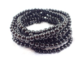 One Black Obsidian Crystal Bead Bracelet - 4mm Small Smooth Round Beads - Black Obsidian Beaded Crystal Bracelet Stackable #BRCLT#1178