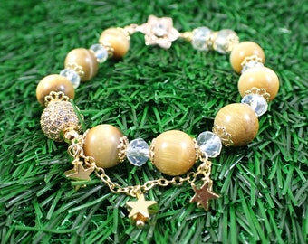 One Golden Tiger Eye Jasper Crystal Stars Beaded Bracelet - Star Beads Gold Metal - Gold Yellow Natural Tiger Eye Bead Bracelet #JEWEL#1024