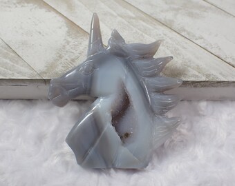 Amazing Natural Druzy Agate Crystal Unicorn Carving - Blue Gray Sugar Texture - 4 Inch Unicorn Carving Druzy Agate Blue Gray #ANMLS#1196