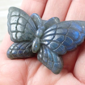 Super Flashy Blue Labradorite Butterfly Crystal Carving - Flat Back Smooth Textured - 2 Inch Thick Natural Labradorite Crystal #ANMLS#1184