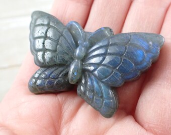 Super Flashy Blue Labradorite Butterfly Crystal Carving - Flat Back Smooth Textured - 2 Inch Thick Natural Labradorite Crystal #ANMLS#1184