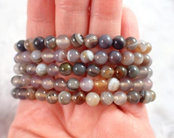 One Botswana Agate Crystal Bracelet - 6mm Round Smooth Beads - Gray White Orange - Natural Botswana Agate Bead Bracelet - #BRCLT#1211