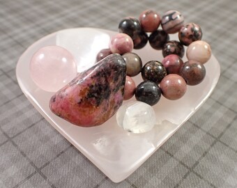 Cancer Crystal Bowl Set - All Pieces Included - Calcite Crystal Bowl - White Moonstone Cab - Rhodonite Bracelet - Selenite Rose Quartz