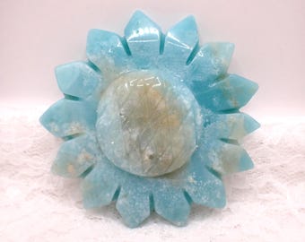 Amazonite Crystal Sunflower Carving - Flat Back Textured Sunflower - 3 inch Amazonite Sunflower Crystal Carving #FLWRS#1018