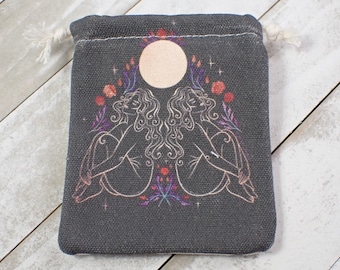 1 Piece Astrology Linen Fabric Crystal Pouch - Black White Red Purple - Two Ladies Zodiac Crystal Bag - 4.25x3.5 Inch Floral Bag #POUCH#1039