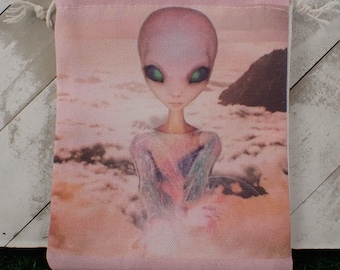Pretty Pink Alien Tarot Card Bag - Linen Fabric Tarot Card Pouch - Pink White Green Blue Crystal Bag - 6.25x5.25 Inch Bag Pink #POUCH#1050