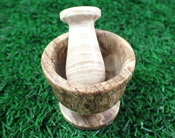 Awesome Small Chocolate Calcite Mortar Pestle Set - Smooth Banded Brown Tan Crystal - 2 Inch Chocolate Calcite Mortar Pestle Set #MANDP#1002
