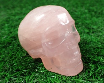 1 Piece Rose Quartz Flashy Crystal Skull Carving - Pink Large Human Skull - Natural Pink Rose Quartz - Crystal Carving Skull #SKULL#1047