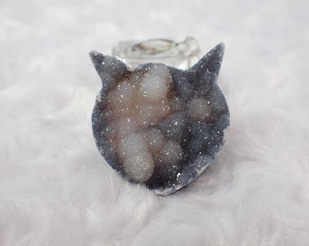Black Druzy Agate Crystal Cat Head - 1.25 Inch Black Textured Cat Head Crystal - Dyed Black Druzy Agate - Black Cat Sugar Head #ANMLS#1223