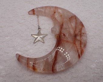Large Fire Quartz Moon Crystal - Silver Star Dangle - Large Crystal Moon Carving - 4 inch Moon Crystal - Natural Fire Quartz #MOONS#1039