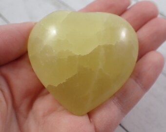 1 Piece Natural Lemon Calcite Heart Carving - Large Yellow White Heart - Smooth Polished Lemon Yellow - 55x52x25mm Lemon Calcite #HEART#1007