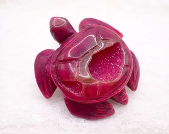 Magenta Dyed Druzy Agate Crystal Turtle Carving - Small Magenta Turtle - 2.25 Inch Pink Crystal Turtle Figurine - Druzy Agate #ANMLS#1262