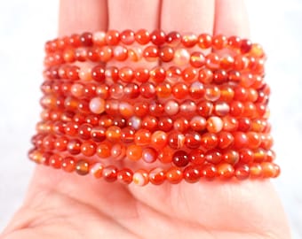 One Natural Carnelian Crystal Bracelet - 4mm Tiny Smooth Round Beads - Burnt Orange White Red - Natural Carnelian Crystal Beads #BRCLT#1215