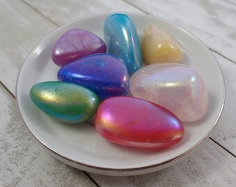 7 Pcs Aura Quartz Tumbled Crystal Stones - 7 Colors Rounded Smooth - Aura Quartz Opaque Crystal Stones - Rainbow AB Finish Quartz TUMBL#1049