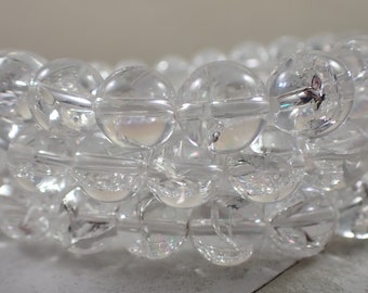 One Crystal Clear Quartz Beaded Bracelet - 10mm Smooth Round Beads - Clear Crystal Quartz - Natural Quartz Crystal Beads - #BRCLT#1037