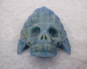 Amazing Aquamarine Crystal Skull Carving - Blue Indian Headdress Skull Crystal - 3.75 Inch Heavy Natural Crystal Skull #SKULL#1055