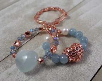 One Aquamarine Crystal Bag Charm - Blue White Rose Gold Beads - Metal Heart Beads Aquamarine Pearl - Rose Gold Metal Bag Charm #JEWEL#1023