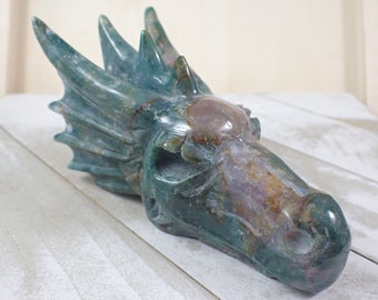 Large Natural Ocean Jasper Crystal Dragon Skull  - Green Red Gold Skull - 5 Inch Heavy Dragon Skull Ocean Jasper Crystal Carving #SKULL#1049